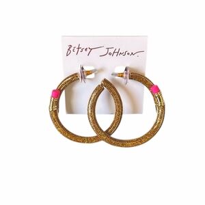 BETSEY JOHNSON Gold Glittery Pencil Shape Hoop Earrings, NEW WITH TAGS